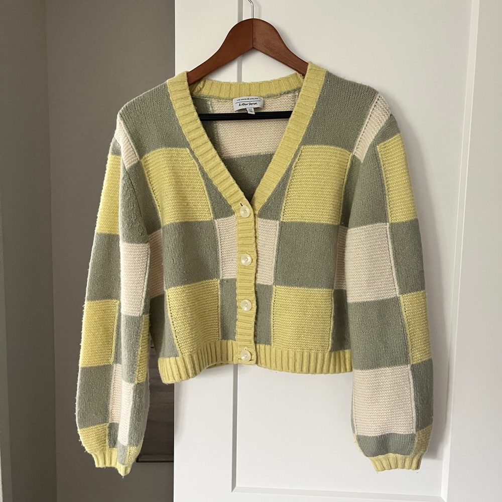 & Other Stories Yellow, Sage Green & Cream Checkered V-Neck Cropped Cardigan